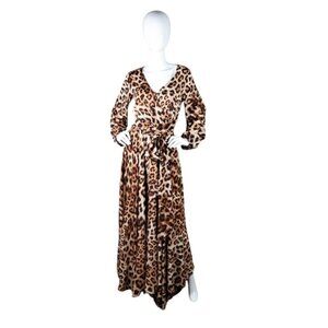 Erika Pena Cheetah Print Surplice Maxi Dress With Sash In Brown XS/S